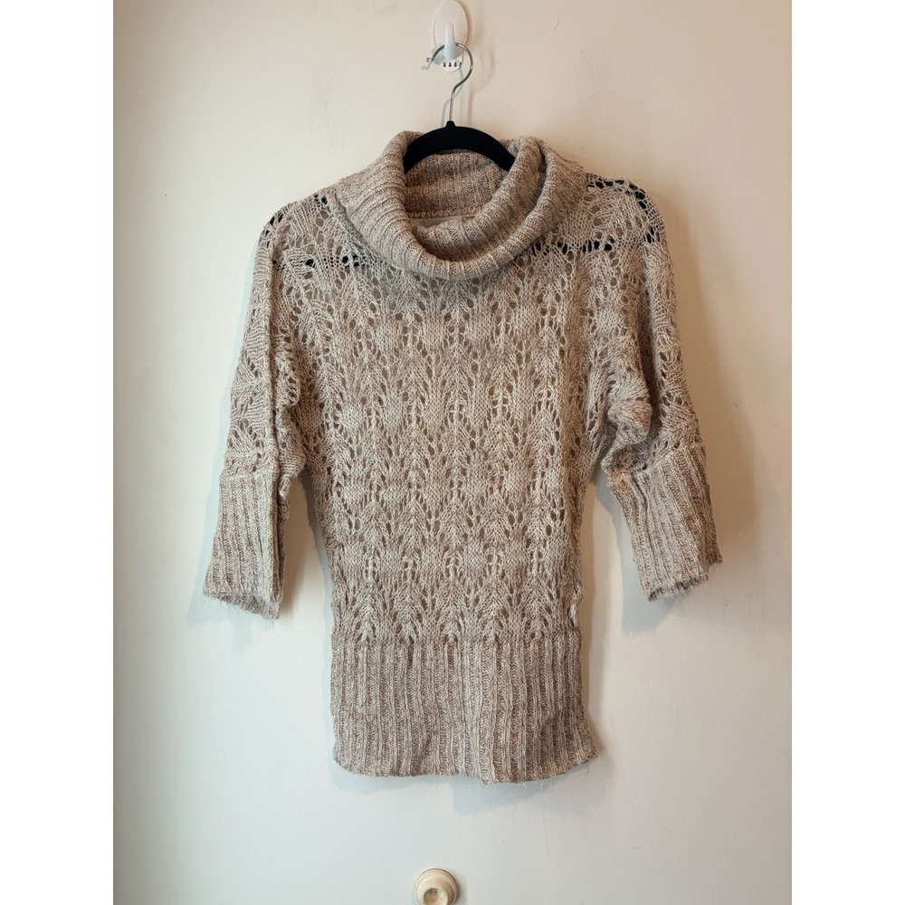 Y2K Charlotte Russe Open Knit Cowl Nevk Sweater 1/2 Wide Sleeve Beige Size Small